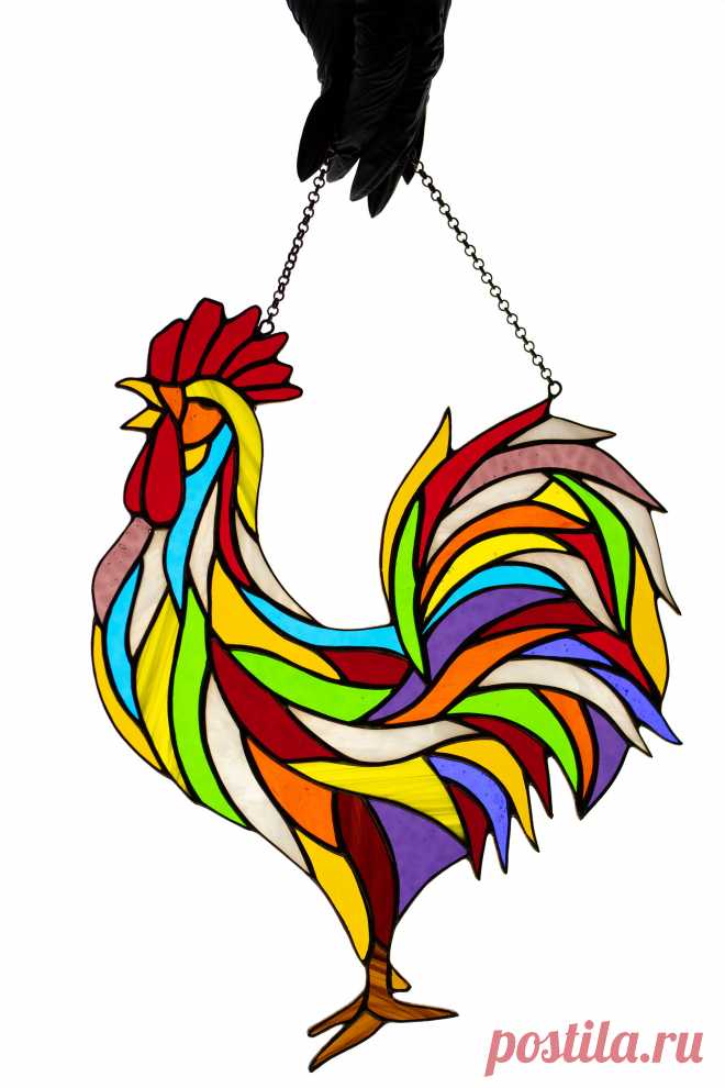 Stain glass suncatcher Rooster window hanging Stained glass bird Garde The rooster is a symbol of sexuality, observance. It is a bird with very diverse physical characteristics. As such, they have a wide range of positive symbolism in your life.Rooster window hanging suncatcher made of stained glass pieces by my own disign.Handmade using Tiffany copper foil technique.Looks amazing in the
