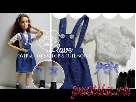 DIY How to make ; Jean overall dress , white lace top and cute socks for dolls. | nynnie me