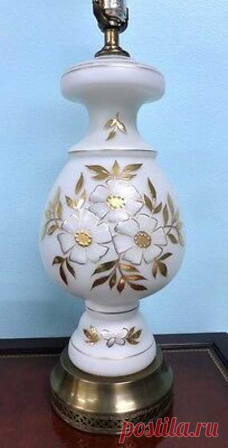 Vintage White Satin Glass Table Lamp Gold Floral Brass Mid Century 1960s Retro  | eBay This is a beautiful white satin glass table lamp from the 1960s. It is from the Hollywood Regency style. I have been told it is Czechoslovakian glass. The gold floral design looks hand painted and is slightly raised.