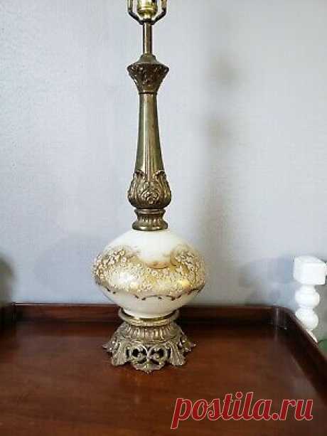 Antique Ornate Cornell 3 Way Lamp Cast Iron Base Luster Painted Gold Filigree  | eBay Antique Ornate Cornell 3 Way Lamp Glass hurricane style lamp. This lamp has a glass globe that has been painted inside with a pearl/luster finish and gold. The outside of the glass is decorated with gold scrolls and white transferred/painted roses.