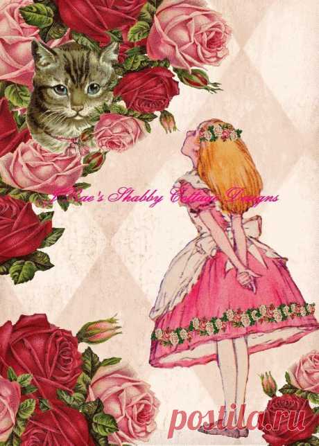 Sweet Altered Art Alice in Wonderland w Cheshire Cat Roses 8x10 Fabric Block | eBay