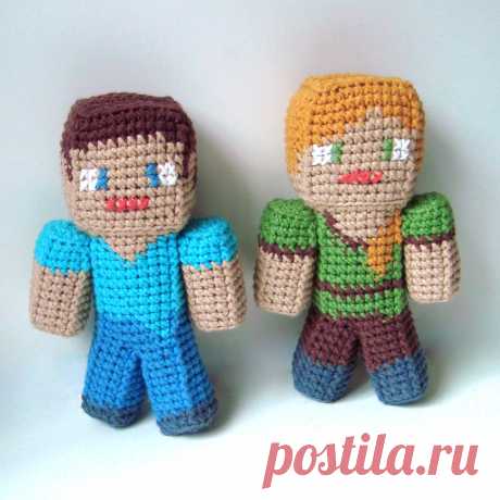 PDF Стив, Алекс и Зомби из Майнкрафта крючком. FREE crochet pattern; Аmigurumi doll patterns. Амигуруми схемы и описания на русском. Вязаные игрушки и поделки своими руками #amimore - майнкрафт, minecraft, кукла, куколка.