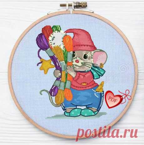 Cute Mouse with Floss Cross Stitch Pattern, Cross Stitch Funny, Easy Embroidery Pattern Beginners, Xstitch Pattern, Cross Stitch Baby Animal Cute funny baby mouse with an armful of thread floss as if inviting you to embroider it. Give yourself such pleasure. Embroidery does not require a high level of skill. Even a beginner can easily cope with it. This funny cross stitch will decorate your childs clothes, pillow or backpack. It will