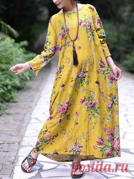 Hot-sale Chinese Style Floral O-Neck Long Sleeve Maxi Dress For Women{ - NewChic