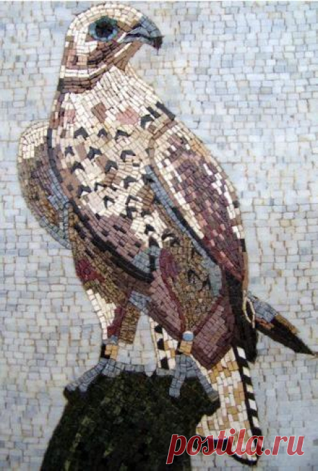 Marble Mosaic Art - Royal Falcon This lovely hand-made marble mosaic art is composed of all natural stones and hand cut tiles. It shows a glaring royal falcon and is created using soft earth-tone colors to give a touch of authenticity to any room whether indoor or outdoor. Mosaic Uses: Floors Walls or Tabletops both Indoor or Outdoor as well as wet places such as showers and Pools.