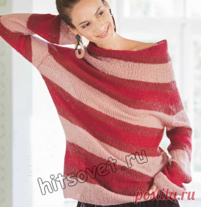Легкий пуловер с широкими полосами - Хитсовет Вязание спицами для женщин легкого пуловера с широкими цветными полосами и большим вырезом горловины с пошаговым бесплатным описанием.