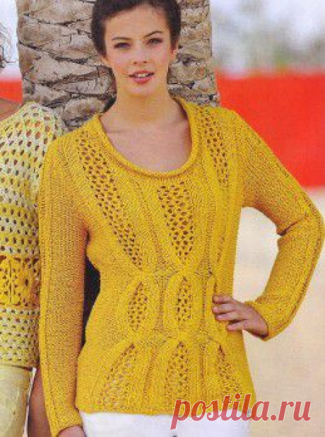 Вязание крючком и спицами - Желтый пуловер с косами