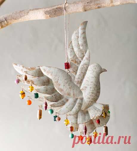 Whitewash Peace-Inspired Metal Dove Wall Chime | Decorative Objects | Home Accents | Home D&eacute;cor | VivaTerra Our Whitewash Peace-Inspired Metal Dove Wall Chime from India features 22 charms of vibrant glass beads, each uniquely handcrafted. Hanging from 6.5"L of natural jute, it invites serenity and melodious sound to your space. V5829,Whitewash Peace-Inspired Metal Dove Hanging Wall Chime,Symbol of Peace,Decorative Wall Hanging Birds...