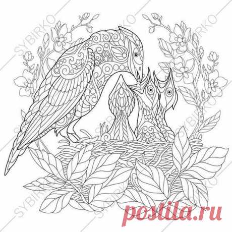 Jay Bird Nest. 2 Coloring Pages for Mother's day greeting cards. Animal coloring book pages for Adults. Instant Download Print  All items are DIGITAL DOWNLOADs !!! No physical product will be sent through the mail. After purchasing you will receive an INSTANT DOWNLOAD of coloring pages  You GET: ✔ Coloring pages in JPG and PDF formats ✔ High quality ✔ High resolution ✔ Print size suitable for A4 or A3 paper formats ✔