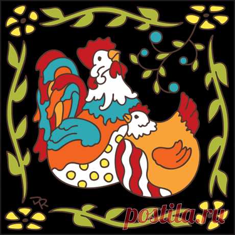 6x6 Tile Hen andRooster Decorative Art Tile - Hand N Hand Designs