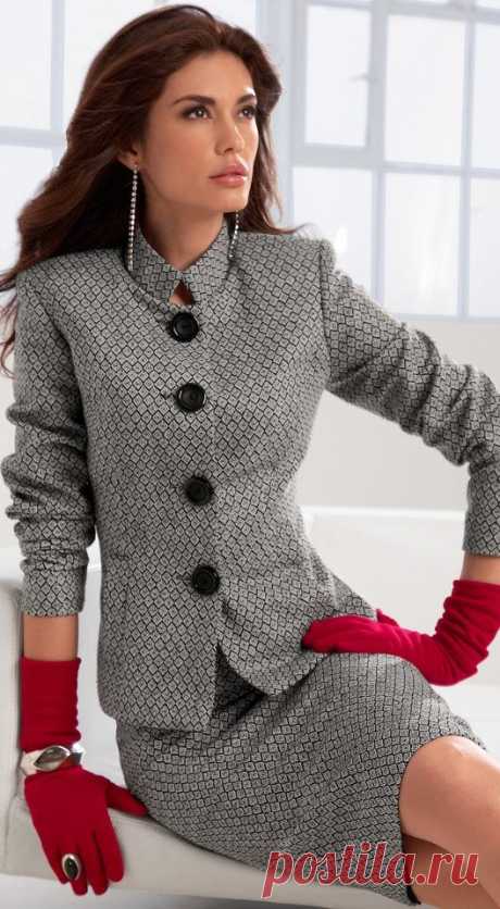 Grey suit w/large black buttons & red gloves!! | IT'S JUST BUSINESS...BABE