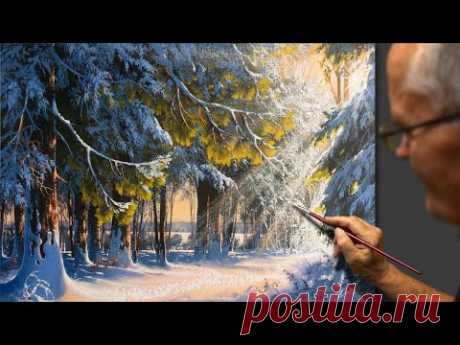 Acrylic Landscape Painting - Solar awakening / Winter landscape. Drawing lesson. Painting.