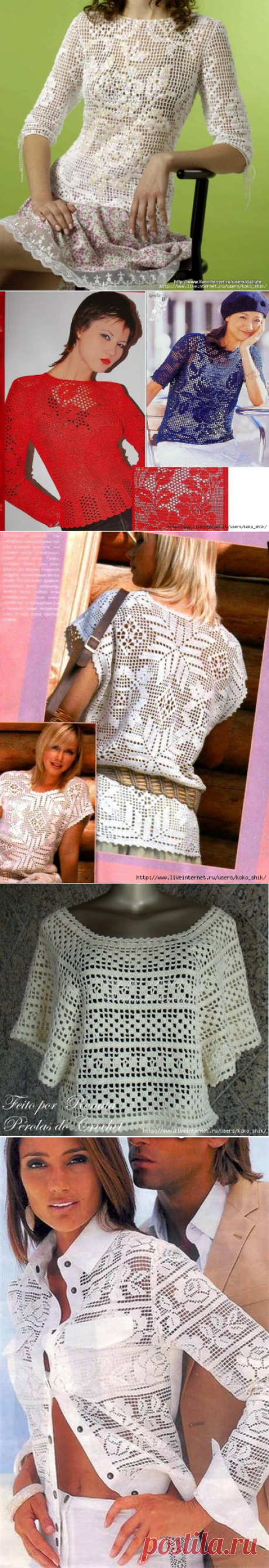 Вязание крючком - Филейное вязание - 12 моделей блузок и рубашек со схемами