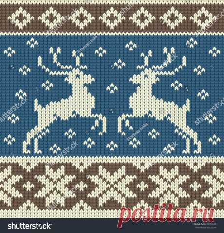 Vector de stock (libre de regalías) sobre Cute Knitting Background Two Reindeers Snowflakes229893028