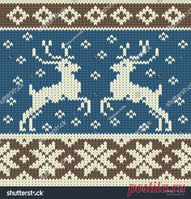 Vector de stock (libre de regalías) sobre Cute Knitting Background Two Reindeers Snowflakes229893028