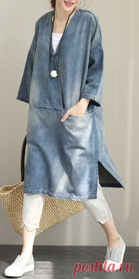 Vintage Loose Blue Denim Dresses Women Cotton Fall Outfits Q1388