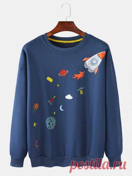 Mens Cartoon Rocket Print Round Neck Long Sleeve Cute Pullover Sweatshirts - US$22.99