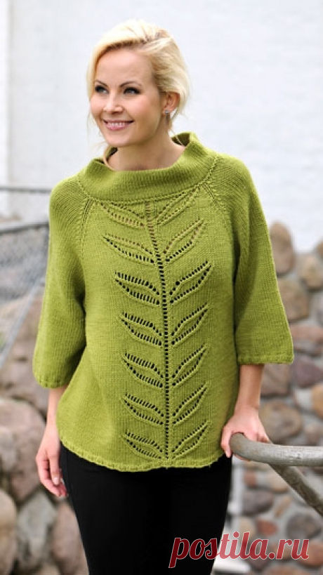Strikkeopskrifter | Fin forårsgrøn sweater med bladbort