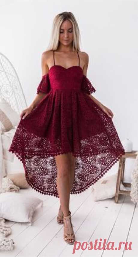 chic burgundy lace high low prom party dresses, spaghetti straps homecoming dress short,cheap graduation dress for junior