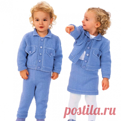 Детский голубой комплект Вязаный спицами комплект для ребенка от 6 месяцев до 3 лет (жакет, брюки, юбочка). Описание