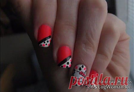 Покраска ногтей лаком в стиле Hello Kitty | фото