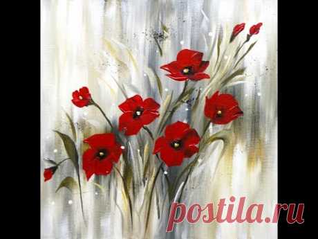 Red Flowers, Acrylic Painting, Simple Brush Strokes, Real Time / Rote Blumen, Acrylmalerei / V416