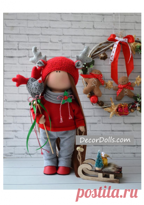 Christmas Decor Doll, New Year Art Doll, Textile Red Doll, Tilda Baby – Decor Dolls