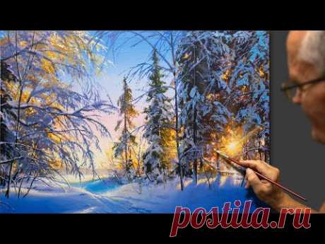 Acrylic Landscape Painting - Winter day / Relaxing Art / Зимний пейзаж. Урок рисования. Живопись.