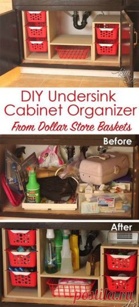 From a single sheet of plywood and some dollar store bins she built this fabulous organizer. What a great way to use all that awkward space under the sink! Undersink Cabinet Organizer with Pull Out Baskets. via TheKimSixFix.com