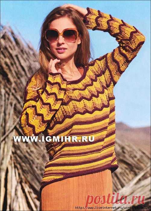 Этношик. Пуловер с цветными полосами в желто-коричневых оттенках. Спицы.