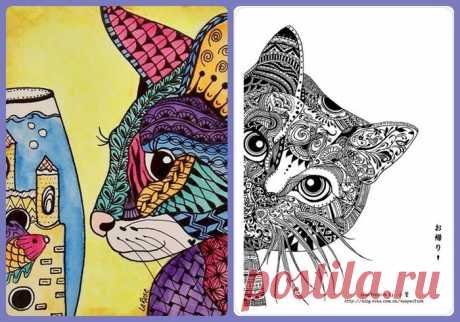 Zentangle Cats - любуемся кошками во всех ипостасях