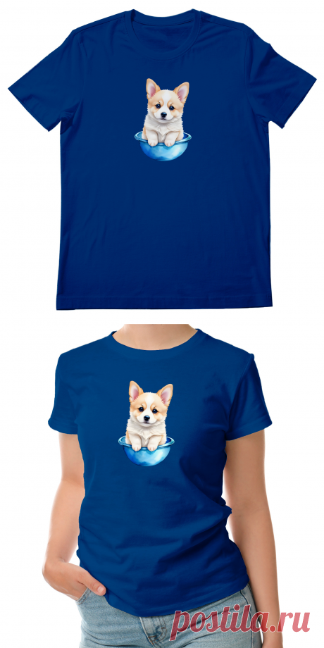 Женская футболка «Щенок корги в голубой миске» цвет белый - дизайнер принта Anstey