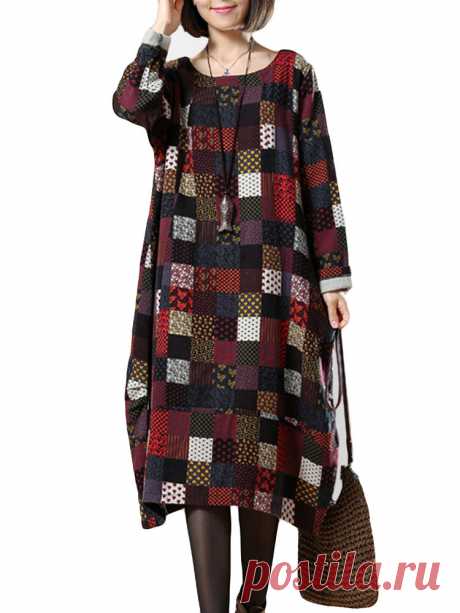 Hot-sale O-Newe Plus Size Color Block Plaid Long Sleeve Dress For Women - NewChic