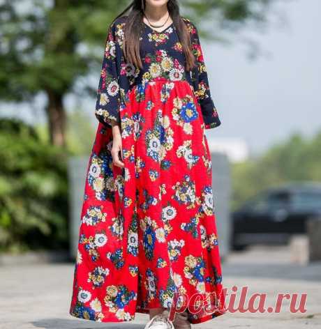 Cotton Full Length Dress red long dress wedding dress boho | Etsy
