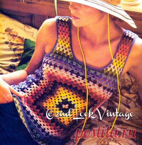 Vintage 1970s Granny Squares Tank Top Sexy Boho Pullover Vest Crochet Pattern Digital Download PDF A fun top to crochet in Granny Squares from the 1970s Styled like a sleeveless tank with a low rounded neckline A sexy pullover on its own thanks to the peek-a-boo stitch .. And a fabulous Bohemian look over a billowy peasant blouse!  Crochet this fun piece with a No. 2 hook in Mercerized cotton Directions given for Sizes Small. Medium and Large The motif can be worked as the...
