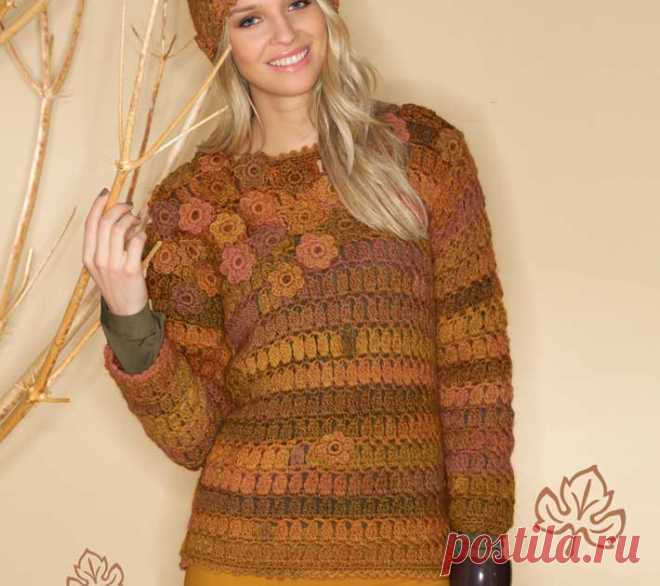 Пуловер с цветами - схема вязания крючком. Вяжем Пуловеры на Verena.ru