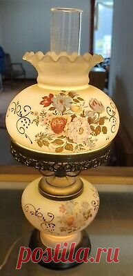 HUGE Gorgeous Vintage Original Hand-Painted Glass Hurricane Lamp Floral 18