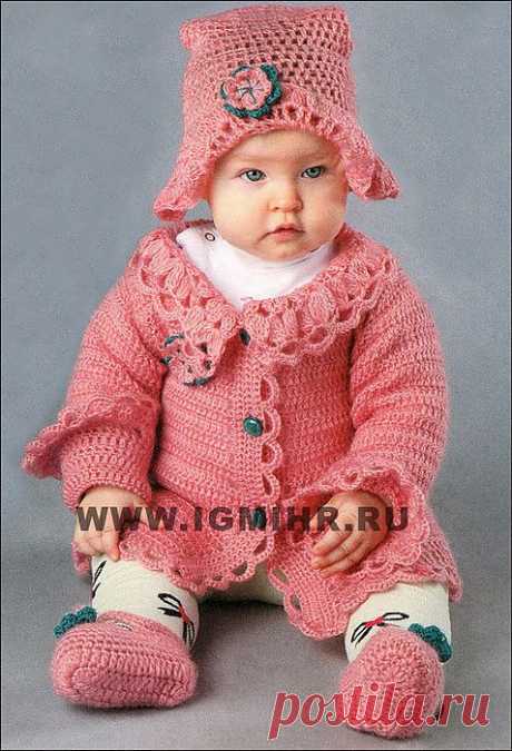 Маленькая принцесса в розовом. Нарядный комплект для малышки: пальто, шляпка и пинетки. Крючок. На 8 месяцев - 1 год.