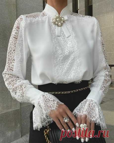 Contrast Lace Flounce Sleeve Chic Blouse With Beaded Bowknot Accessory #iichic #chic4 #chicoftheday Simple Cheap Chic, Women Fashion Chic, Shop Contrast Lace Flounce Sleeve Chic Blouse With Beaded Bowknot Accessory online.