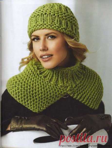 Вязание спицами зеленой шапки и манишки для женщин: схема с описанием