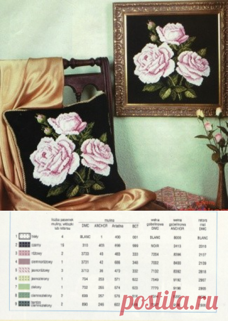 Схема вышивки. Розы на черном фоне