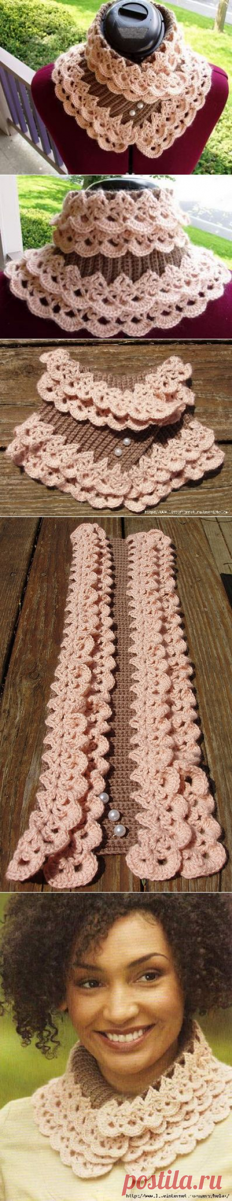 Ажурный шарф-воротник для женщины: схема вязания спицами, крючком.