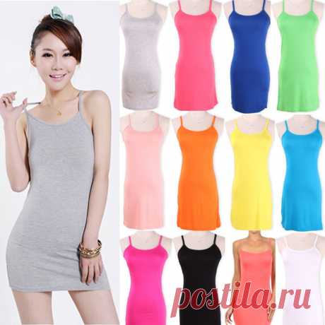 Hot Women Summer Camisole Spaghetti Strap Long Tank Top Stretchy Slip Mini Dress | eBay