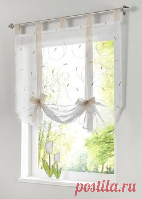Uphome 1pc Adorable Bowknot Embroidered Floral Tie-Up Roman Curtain - Tab Top Sheer Kitchen Balloon Window Curtain (31"W x 55"H, Sand)