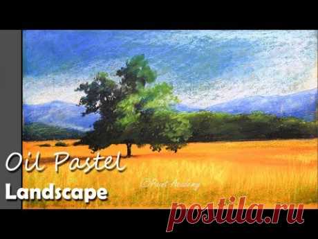 Bright Sunny Day Oil Pastel Landscape | Beautiful paddy field, trees and mountains painting