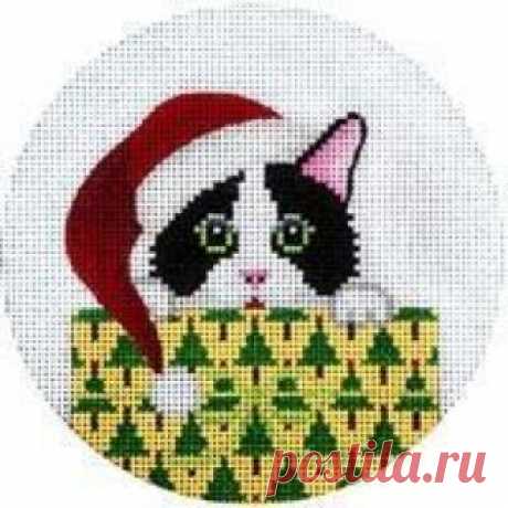 Kitty in Package Ornament Canvas  JP Needlepoint Designs
Black and White Kitty in Package Needlepoint Ornament Canvas
18 mesh  4 1/2" round
*Fibers sold separately