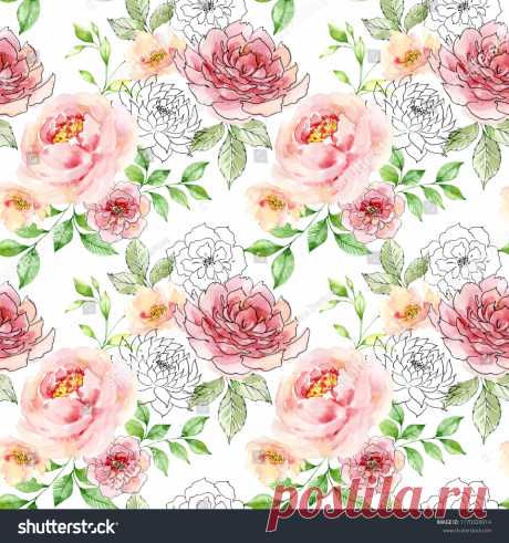 Стоковая иллюстрация «Watercolor Ink Floral Background Seamless Pattern», 1170320014