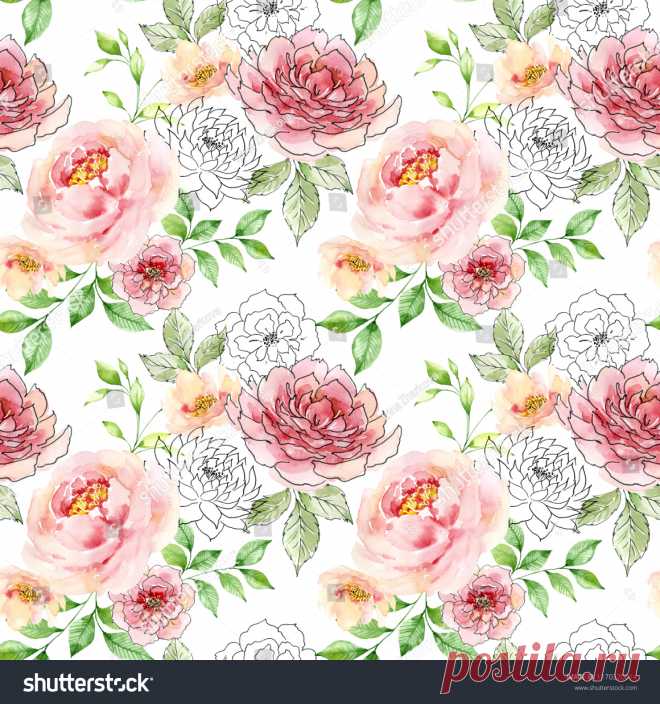 Стоковая иллюстрация «Watercolor Ink Floral Background Seamless Pattern», 1170320014