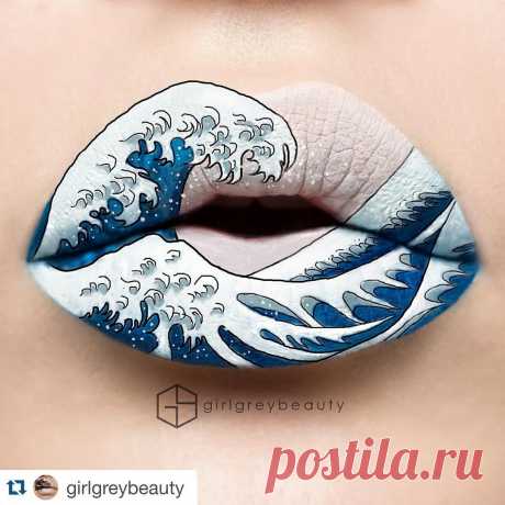 Repost on Instagram: “Cool lip art. Take a look. 💋🌊#Repost @girlgreybeauty ・・・ 🌊 Inspired by 'The Great Wave off Kanagawa' by Katsushika Hokusai. Almost didn't do this Lipart because I thought it would be too difficult but I'm so proud of how it turned out! Products used: @anastasiabeverlyhills 'Paint' liquid lipstick. @shopvioletvoss 'Slayed' liquid lipstick. @katvondbeauty 'Trooper' Tattoo Liner. @sedonalace 'White Wedding' gel liner. @wolfefaceartfx Essential Palette...
