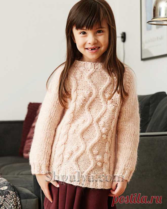 Пуловер реглан с аранами для девочки — Shpulya.com - схемы с описанием для вязания спицами и крючком